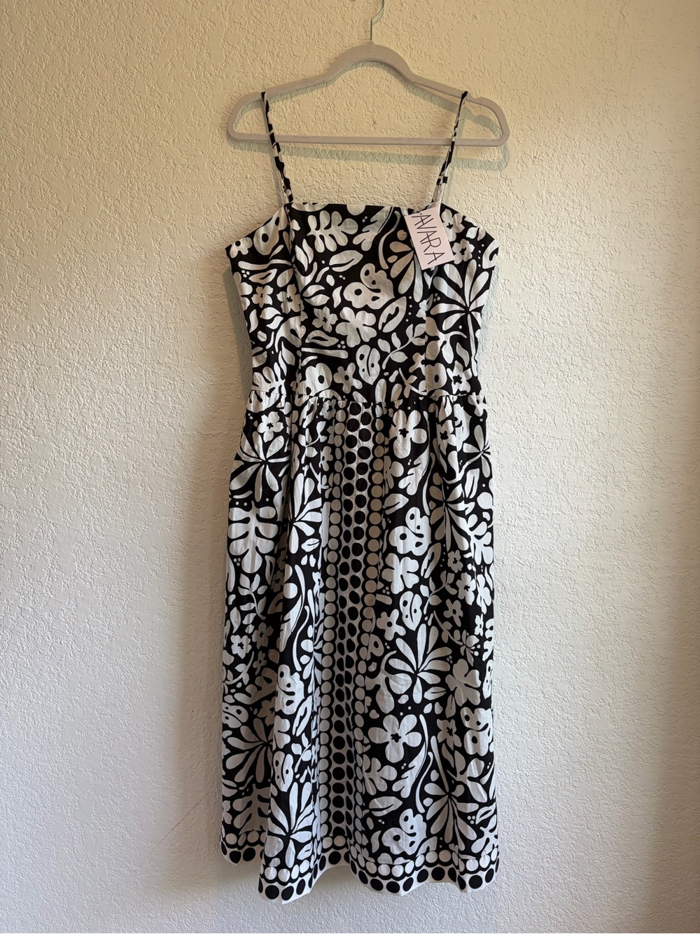 NWT Black & White Floral Midi Dress with Spaghetti Straps